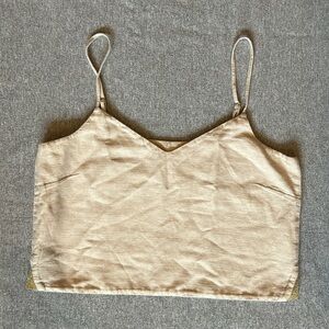 Nanushka Beige Linen V-Neck Crop Top with Gold Triangle Detail Size Medium